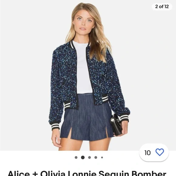 Alice + Olivia Lonnie Sequin Bomber Jacket Black Blue Size XS